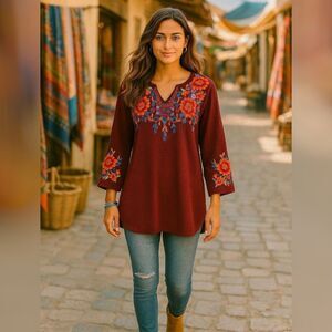 Andree by Unit Boho Embroidered Burgundy Tunic Top Small Floral Aztec Peasant